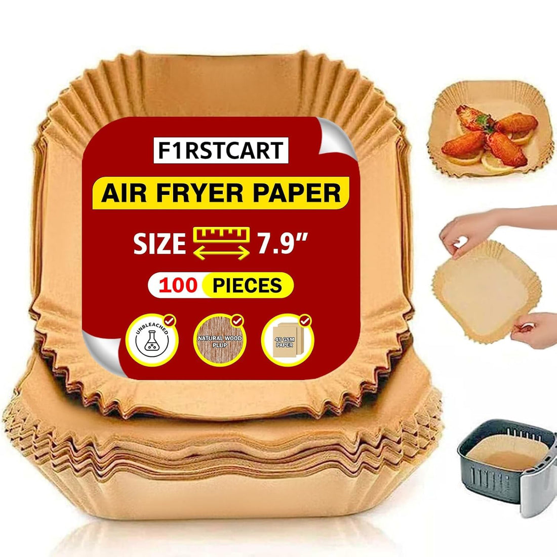 F1RSTCART 100PCS Air Fryer Disposable Paper Liner, Square Non-Stick Air Fryer Parchment Paper for Baking Microwave Baking Oil-proof, 7.8inch/20cm, Round