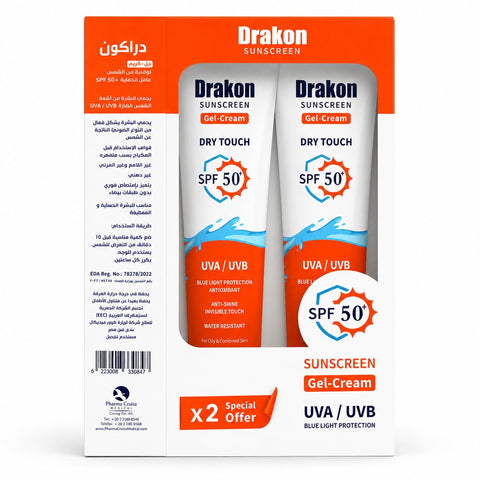 Drakon Sunscreen Gel-Cream Dry touch SPF 50 (1+1) Promopack 60 gm+60 gm | UVA & UVB | Water Resistant & Antioxidant | All Skin Types especially for oily &combined Skin -