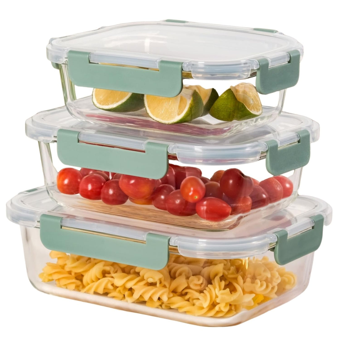 Nestasia Transparent Glass Containers with Lid Set of 3 (S-370ml, M-600ml, L-1000ml) | Borosilicate Glass Food Storage Containers for Kitchen | Microwave, Dishwasher & Freezer Safe (Green)