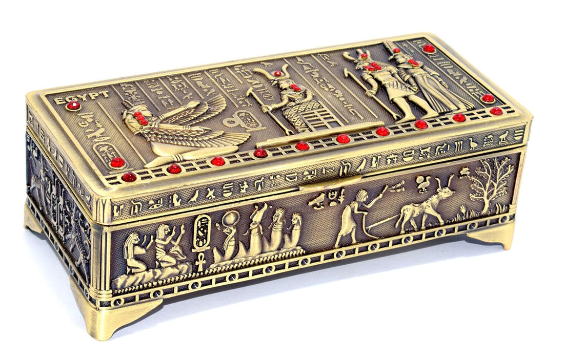 Immatgar Luxury Egyptian Jewelry Storage Box with Pharaonic Pattern - premium Souvenir gifts for Women and Girls - Home Decor Piece (iisis2 - Burnt Yellow - 12.5 CM Long)