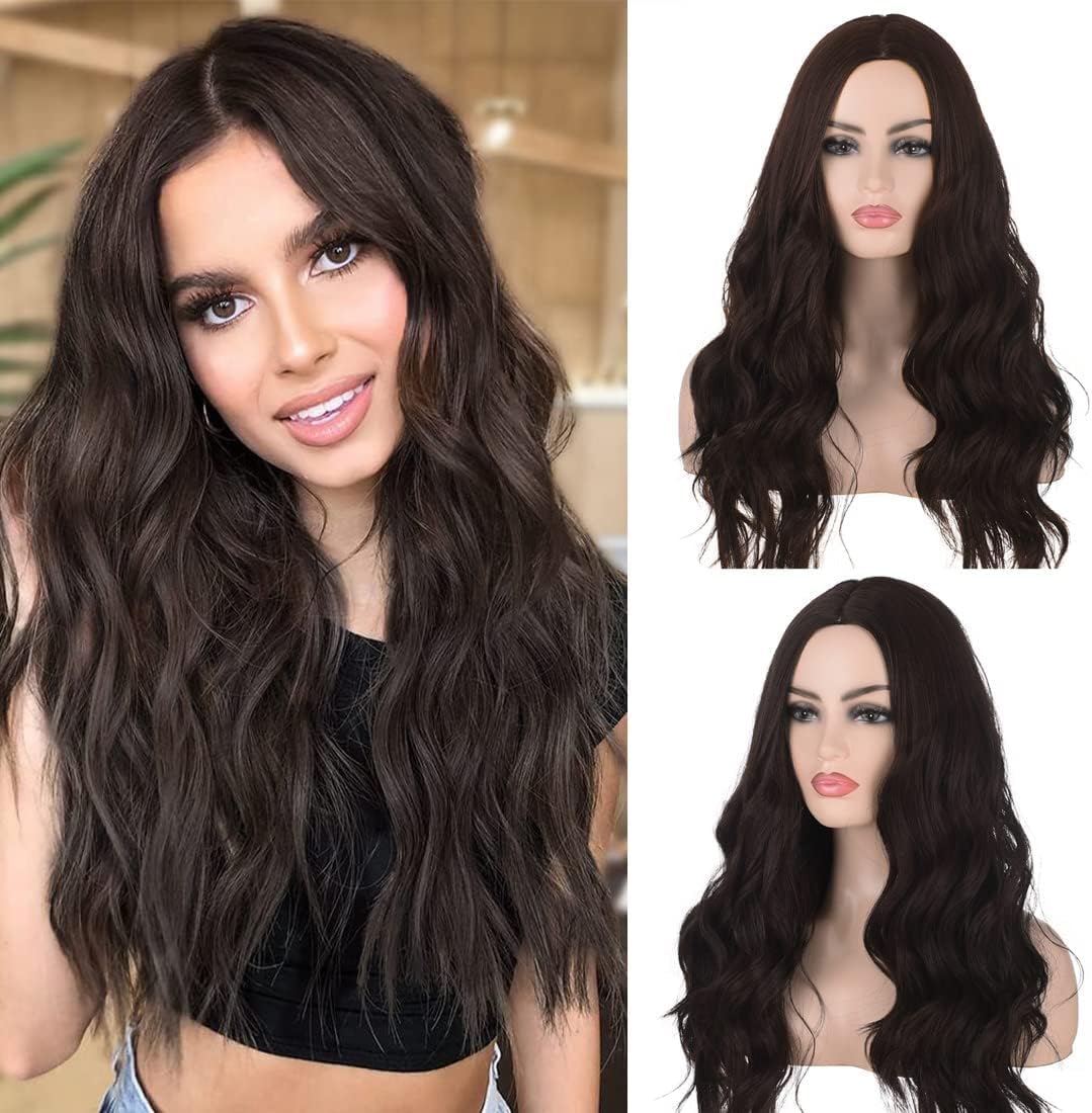 ECIF Women's Dark Brown Wig Long Curly Wavy Hair Wigs for Women Girls Heat Resistant Synthetic Wigs (Dark Brown #0308)