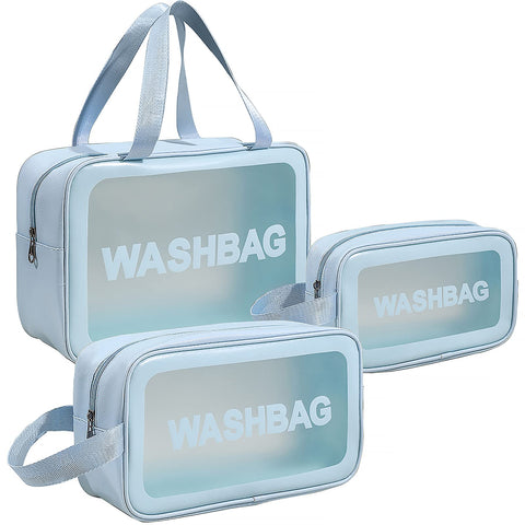 3 PCS Clear Toiletry Bag, Makeup Bag Set, PVC Transparent Wash Bag Makeup Bag Travel Business Vacation Bathroom Organizer for Men, Women, Blue, Clear Toiletry Bag Set