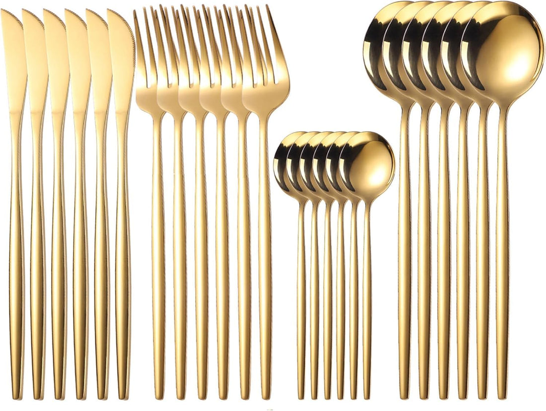 Silverware Set Stainless Steel Cutlery: 24 Piece Dinnerware Utensils Dinner Forks Spoons Steak Knife Service 6 (Fully Gold)