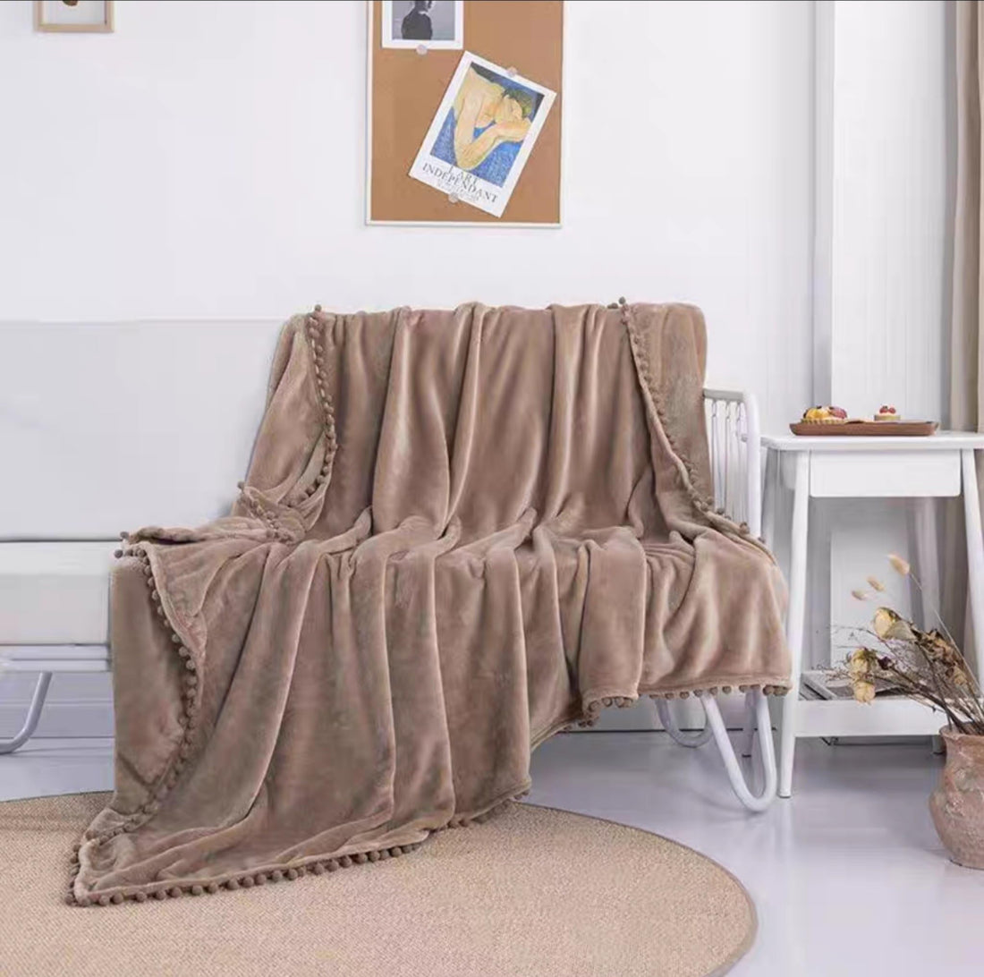 Generic Luna Soft Plush Throw Blanket, Taupe Brown with Pom Pom Trim, Cozy Velvet, 240 x 260 cm, for Bed Sofa Couch flo