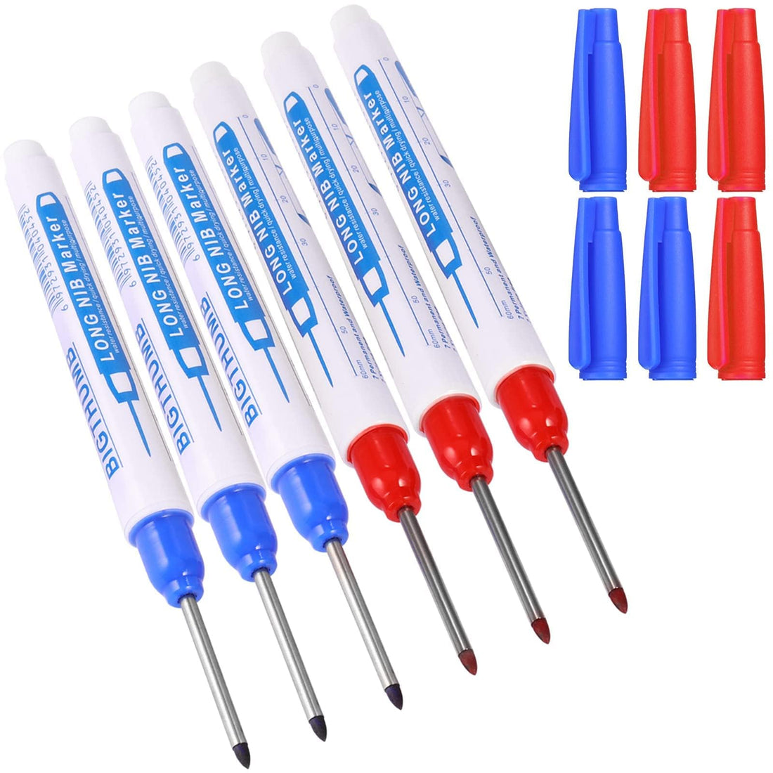 6 Pcs Deep Hole Marker Pens, Carpenters Pen Extra Long Reach Pen Fine Tip Permanent Marker Pens Borehole Marker Marking Tool Permanent Marker Borehole Marking Tool for Hard to Reach Areas (Blue Red)