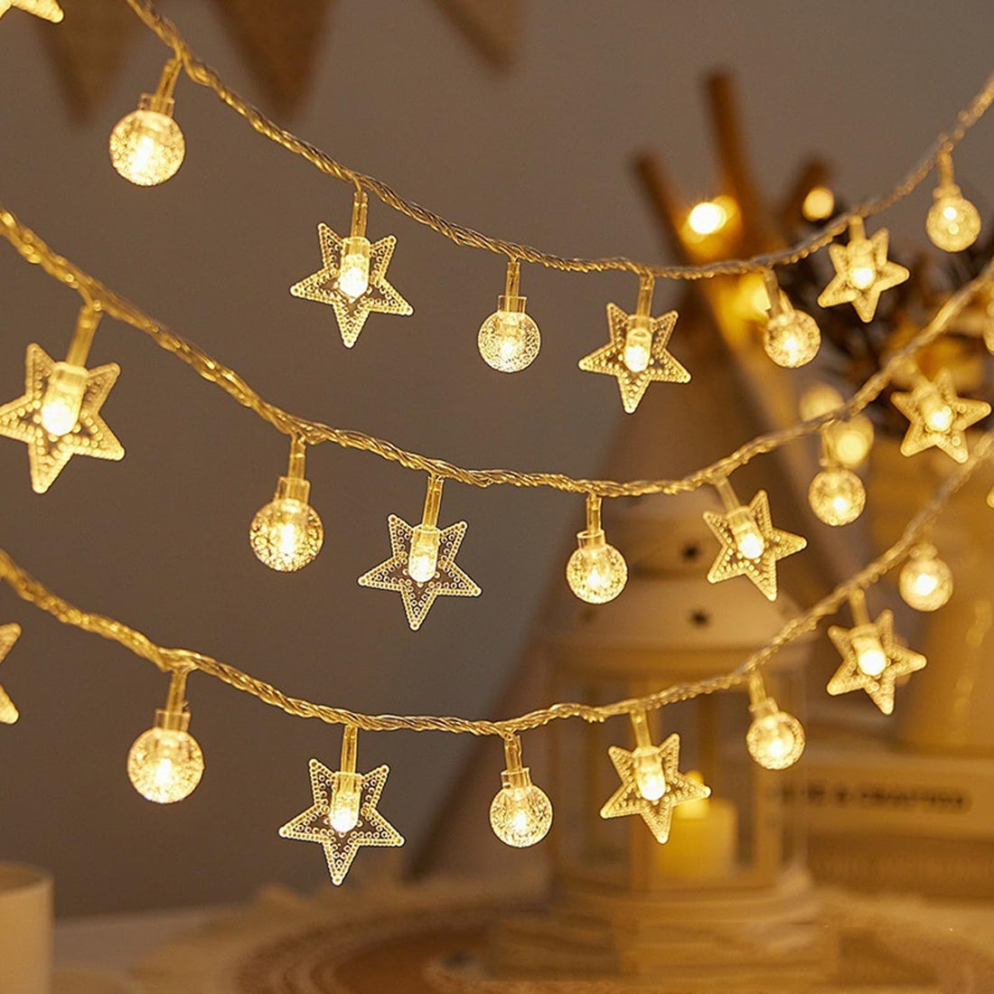 Wonka UgyDuky 9.84Ft LED Star String Lights Bubble Ball String Light Battery Operated Fairy Lights with Crystal Balls and Stars, 2 Modes for Indoor Outdoor Christmas Holiday Party Decors (Warm White)