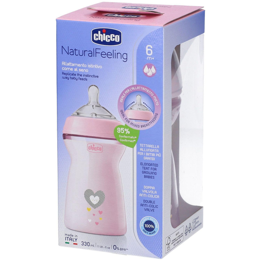 Chicco Natural Feeling Anti-Colic Bottle 6 Months + 330 ml, Baby Bottle with Teat in Soft and Flexible Silicone, Suitable for Mixed Breastfeeding, Fast Flow, Pink