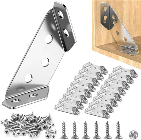 16Pcs Corner Connector,Stainless Steel Corner Brackets for Wood,Triangle Angle Brackets, Furniture Corner Bracket with Screws,Triangle Support Fixed Corner Brace for Shelf Cabinet Table Chair Desk
