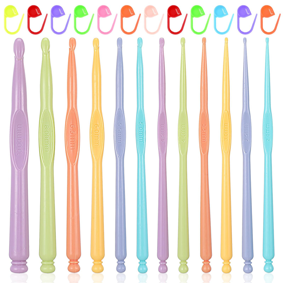 Plastic Crochet Hooks Set Include 12 Pcs 2-10mm Ergonomic Crochet Hooks and Stitch Markers, Colorful Crochet Hook Set for DIY Yarn Weaving Tools