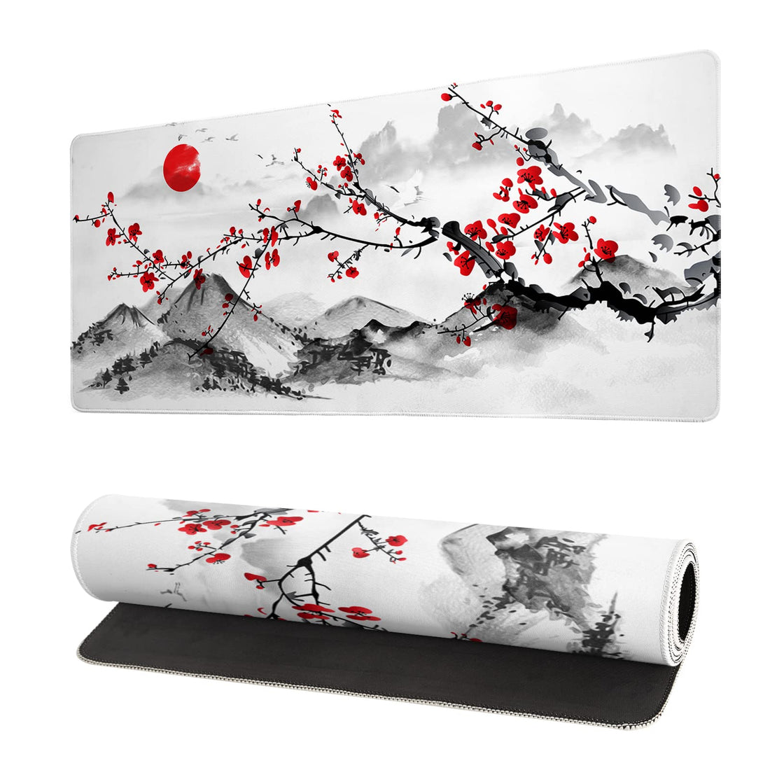 Japanese Cherry Blossom Gaming Mouse Pad 27.6x11.8 Inch Pink Full Desk Sakura Large Non-Slip Rubber Base Waterproof Big Keyboard Mat With Stitched Edges for Office