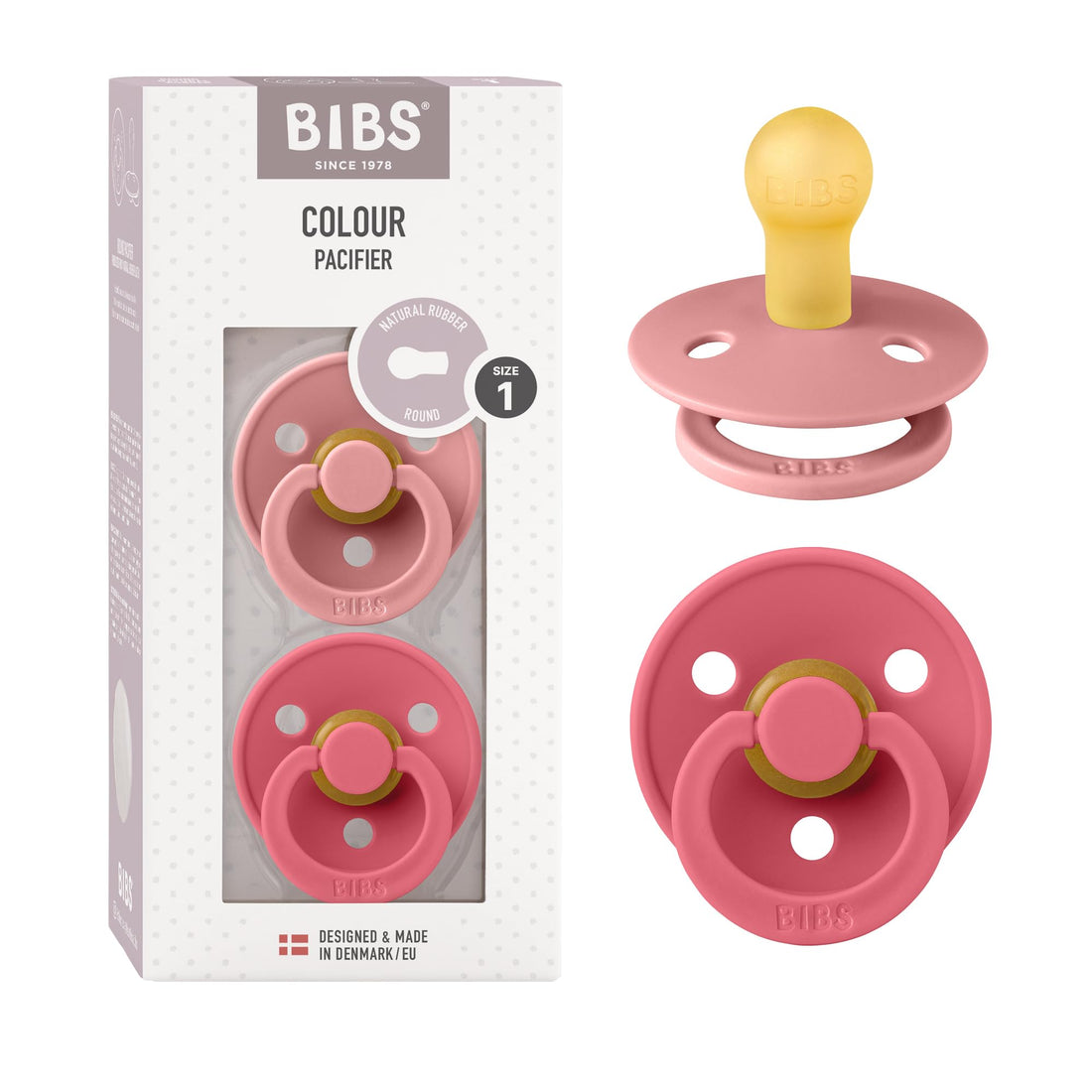 Bibs- Pacifier Colour 2 Pack Latex Size 1 Dusty Pink/Coral
