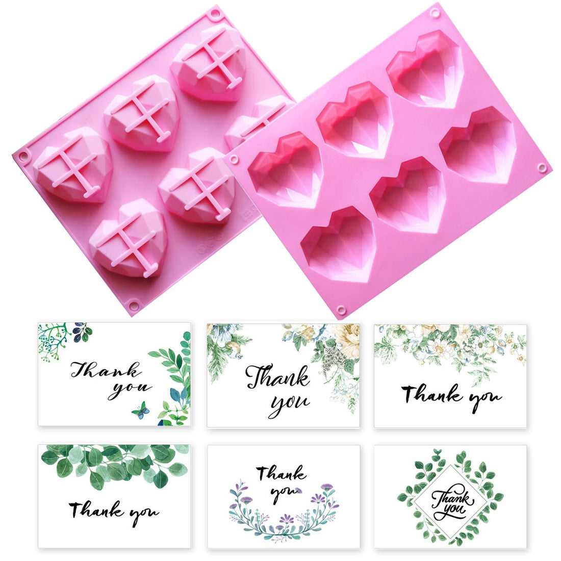 DELFINO 2 Pcs Diamond Heart Love Shape Silicone Cake Mold, Silicone Cupcake Mold Oven Safe Chocolate Mousse Dessert Baking Pan, Bottom Balance Reinforcement