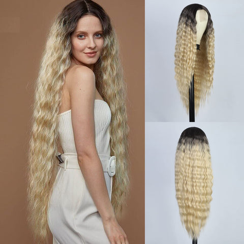 ECIF Long Curly Front-Lace Nature Wigs For Women Middle Part Wavy Looking Heat Resistant Fiber Synthetic Wigs （Dark Root Ombre Blonde）