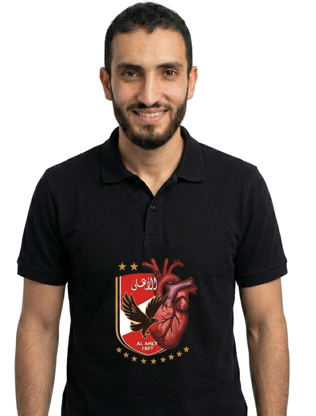 Al-Ahly Egyptian Club Fan Black Polo Shirt, Al-Ahly Logo With Heart On The Front And Al Ahly Eagle On The Back, Comfortable Light Aspen Material