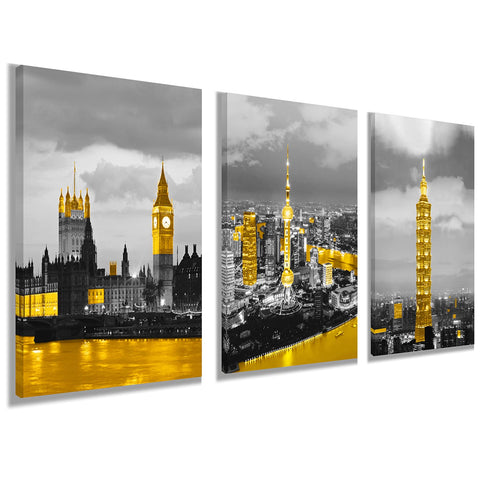 Big Ben in London for Decor Wall Art - Golden building Taipei 101 Building and Shanghai Oriental Pearl Tower Contemporary for Living Room Bedroom Office Wall Decor Ready to Hang