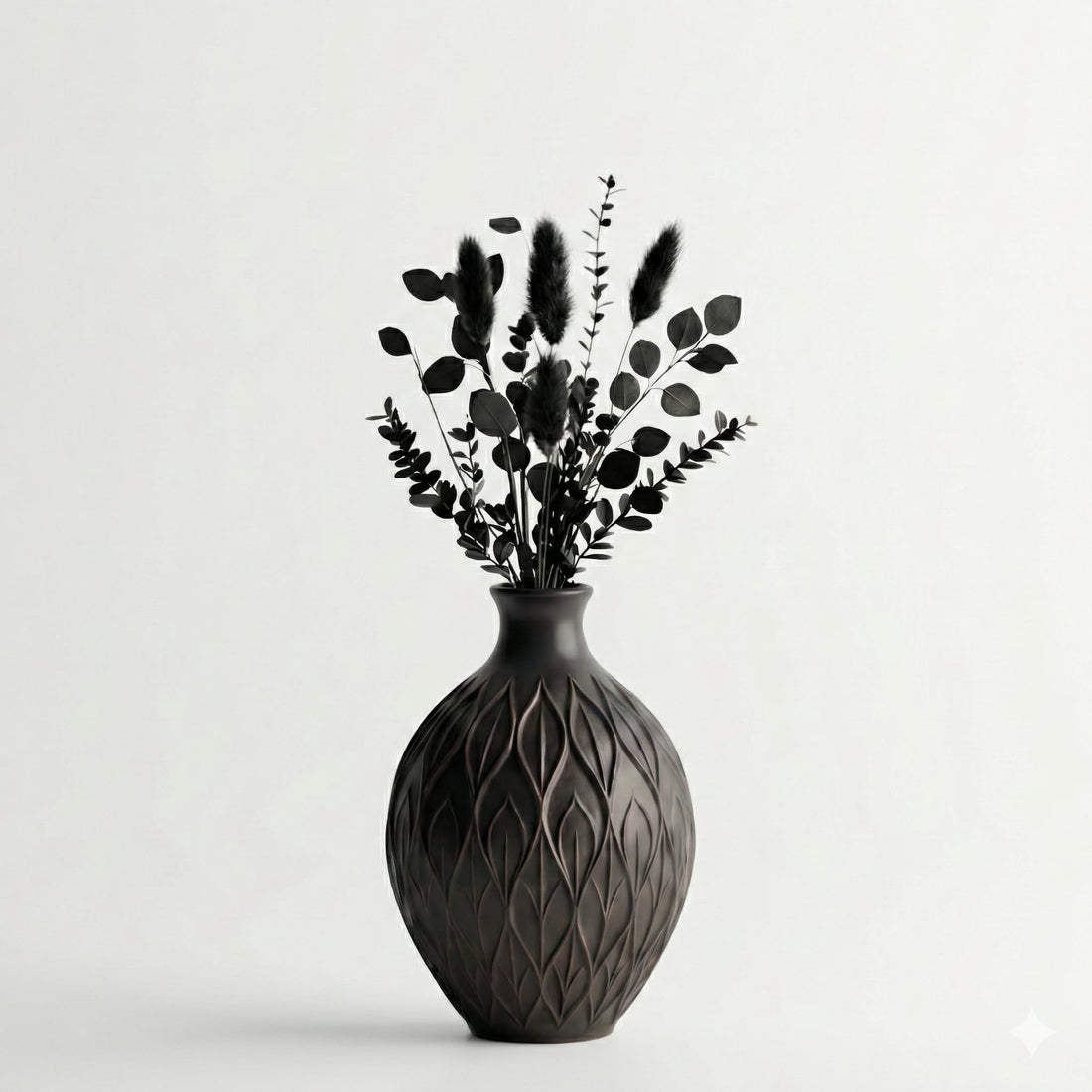 Nordic Flower Vase with 3D Leaf Texture – Matte Decorative plastic Vase for Dried Flowers, Pampas Grass & Home Decor – Elegant Table Centerpiece for Living Room, Office, and Bedroom (black)
