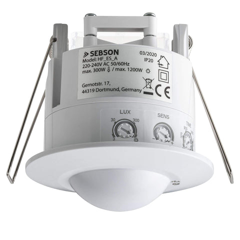 SEBSON® Indoor Motion Sensor Flush-Mounted HF Sensor LED Suitable for Ceiling Mounting Programmable Motion Sensor 2-16 m / 360° 3-Wire