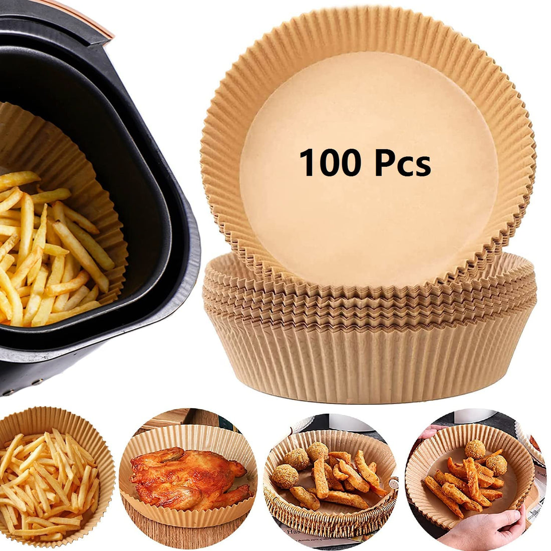Air Fryer Disposable Paper Liner, 100PCS Non-Stick Disposable Air Fryer Liners, Baking Paper for Air Fryer Oil-Proof, Water-Proof, Food Grade Parchment for Baking Roasting Microwave (100Pcs-7.9 inch)