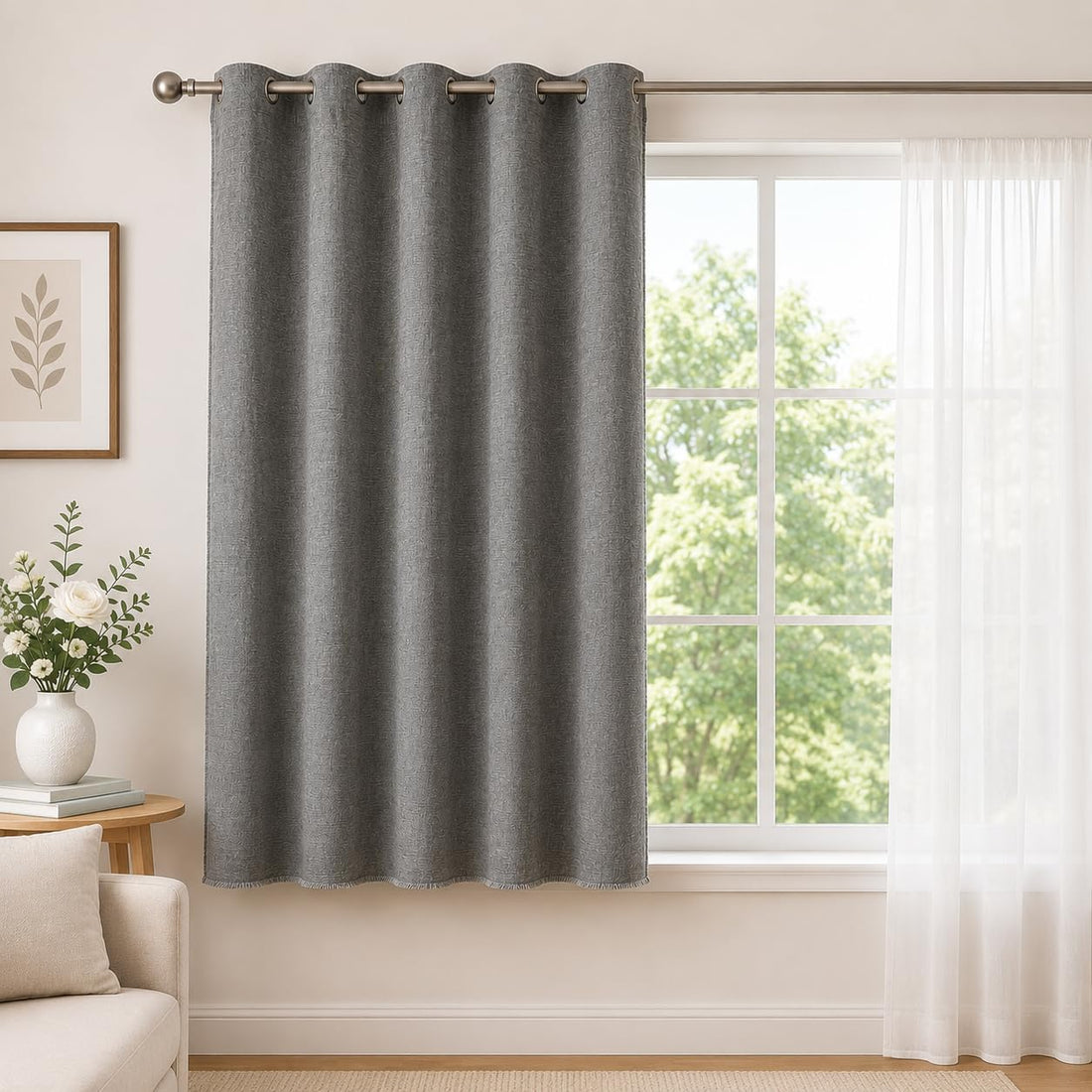 Grey Blackout Curtain Panel, Textured Fabric, Grommet Style, Room Darkening and Thermal Insulated, 140 x 136 cm