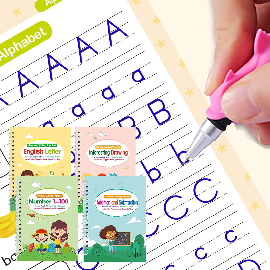 4Pcs Reusable Magic Practice Copybook for Kids, Calligraphy Handwriting Practice Book Set for Children, Magic Ink Copybooks for Kids