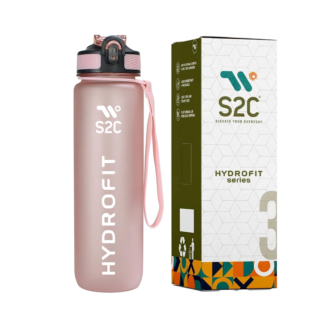 S2C Motivational Large 1L Tritan Plastic Water Bottle With Time Markers, Leak Proof Kids School Bottle (PINK)
