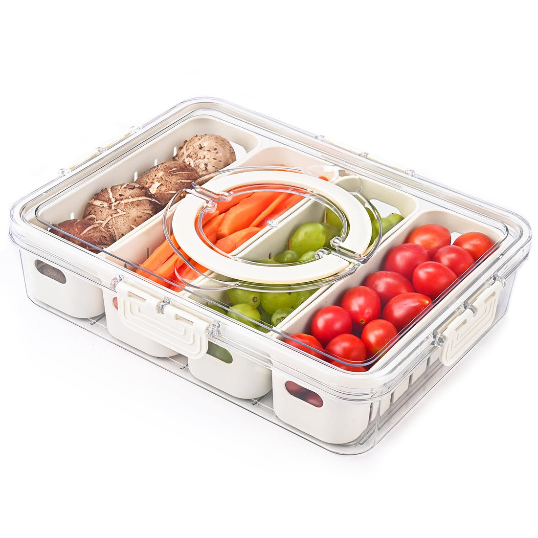 Divided Serving Tray with Lid & Handle,Fruit Storage Containers for Fridge,Removable BPA-Free Storage Organizer Bins for Vegetable,Food,Snack Box Platters for Kitchen,Picnic(4 Compartments)
