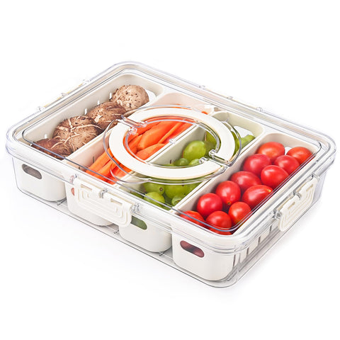 Divided Serving Tray with Lid & Handle,Fruit Storage Containers for Fridge,Removable BPA-Free Storage Organizer Bins for Vegetable,Food,Snack Box Platters for Kitchen,Picnic(4 Compartments)