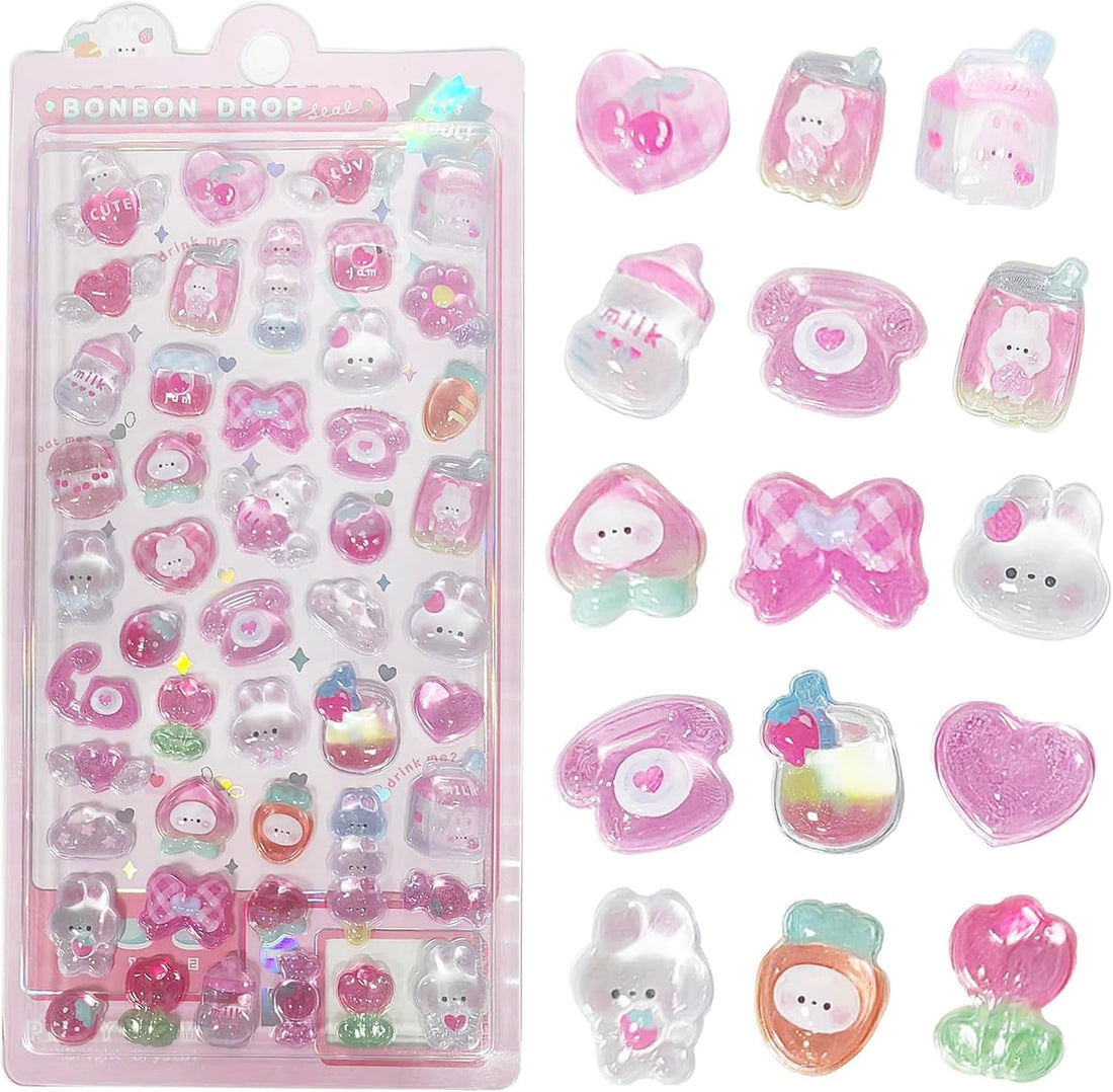 fashion mania 3D Kawaii Pink Rabbit Puffy Stickers, Self-Adhesive Reusable Cartoon Decorations for Scrapbooks, Planners, Journals, Laptops, Phone Cases - Cute Mini Decals for Girls & Teens