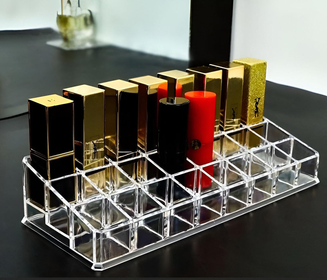 Elegant Makeup Display Stand - Customizable Acrylic Shelves with Reconfigurable Sections for Lipsticks, Foundations, and Beauty Accessories for Retail or Personal Use