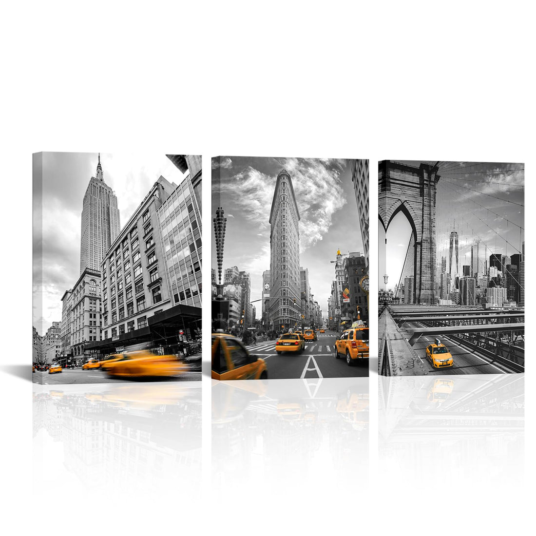 Canvbay 3 Piece Black and White New York City Canvas Wall Art Brooklyn Bridge NYC Flatiron BuildingPicture Prints Orange Taxi Car Painting Home Office Decor 12x16inchx3pcs