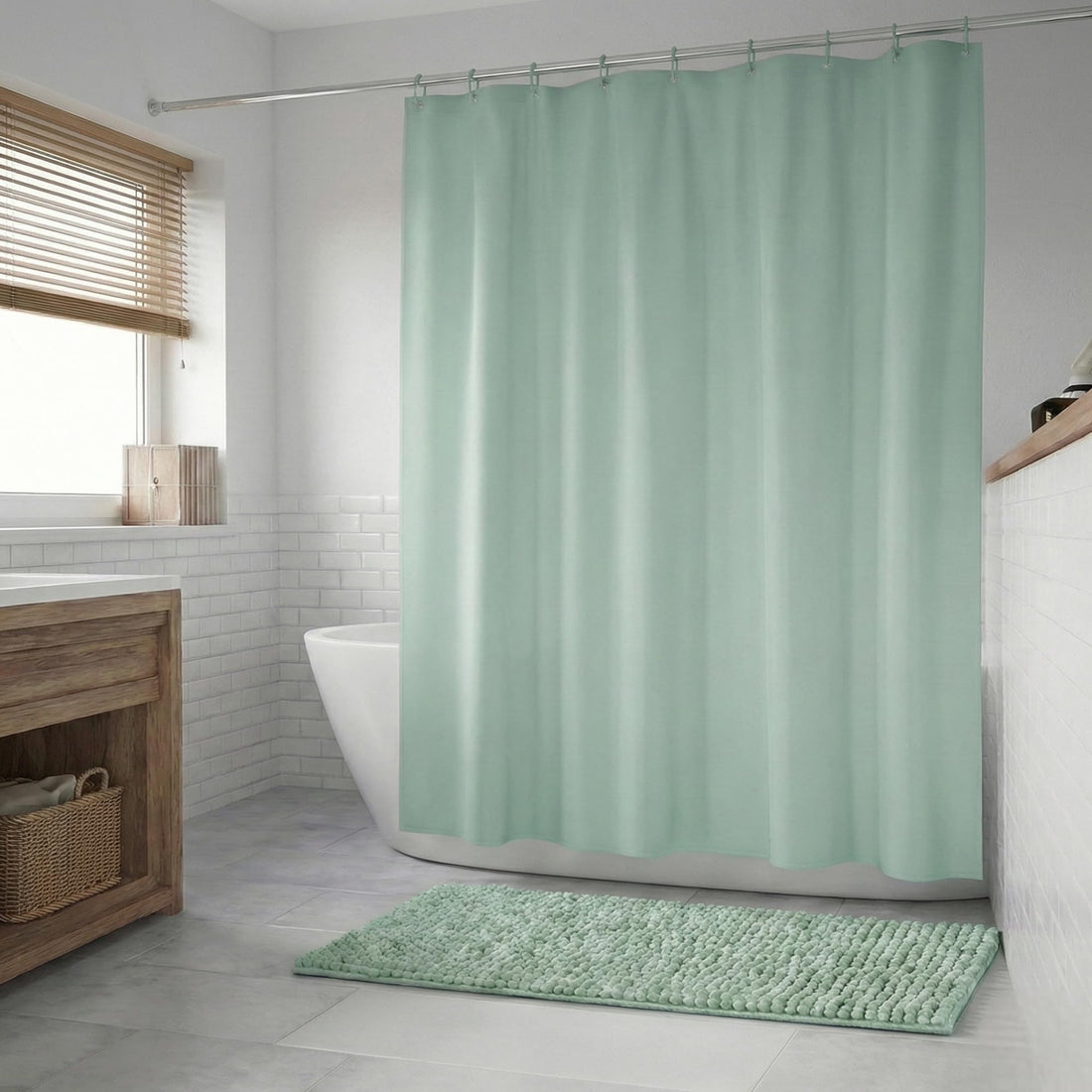 Matching 2 Piece Bathroom Set – Waterproof Shower Curtain 180x180cm + Soft Chenille Bath Mat 60x40cm – Quick Dry (Mint Green)