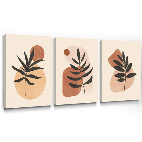SUMGAR Boho Canvas Pictures Leaf Stone Wall Art Brown Geometric Abstract Painting Minimalist Artwork Framed Modern Prints Botanical Mud Home Decor for Bathroom Living Room Bedroom 30x40cm, 3 Panels