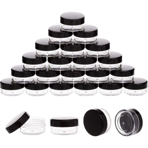 100 Pack 3 Gram Sample Containers with Lids, 3ml Mini Sample Jars, Tiny Plastic Cosmetic Containers for Lip Balms, Makeup, Lotion, Eye Shadow, Powder, and Lip Balms (Black Lids)