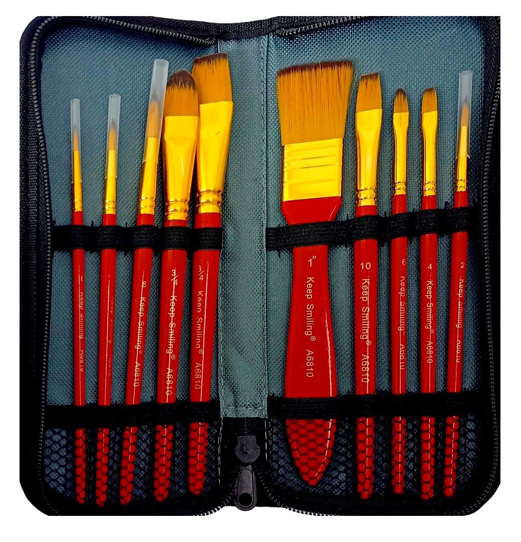 S and A No. A6810 Pencil Shape Painting Brush with Keep Smiling Zipper Pouch 10-Piece Set, Multicolor