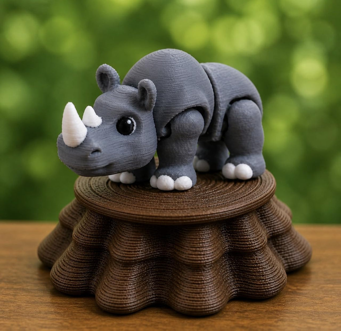 Downtown 3D Printed Articulated Rhino Desktop Decoration, Eco PLA Figure with Tree Stump Base for Desk and Shelf Decor