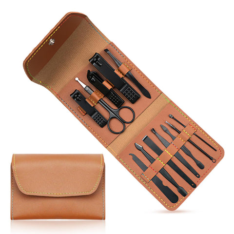 Manicure Set, Pedicure Nail Scissors, 12-Piece Stainless Steel Nail Set with PU Leather Case, Portable Travel Nail Care Set, Nail Care Tools for Men and Women (Black)