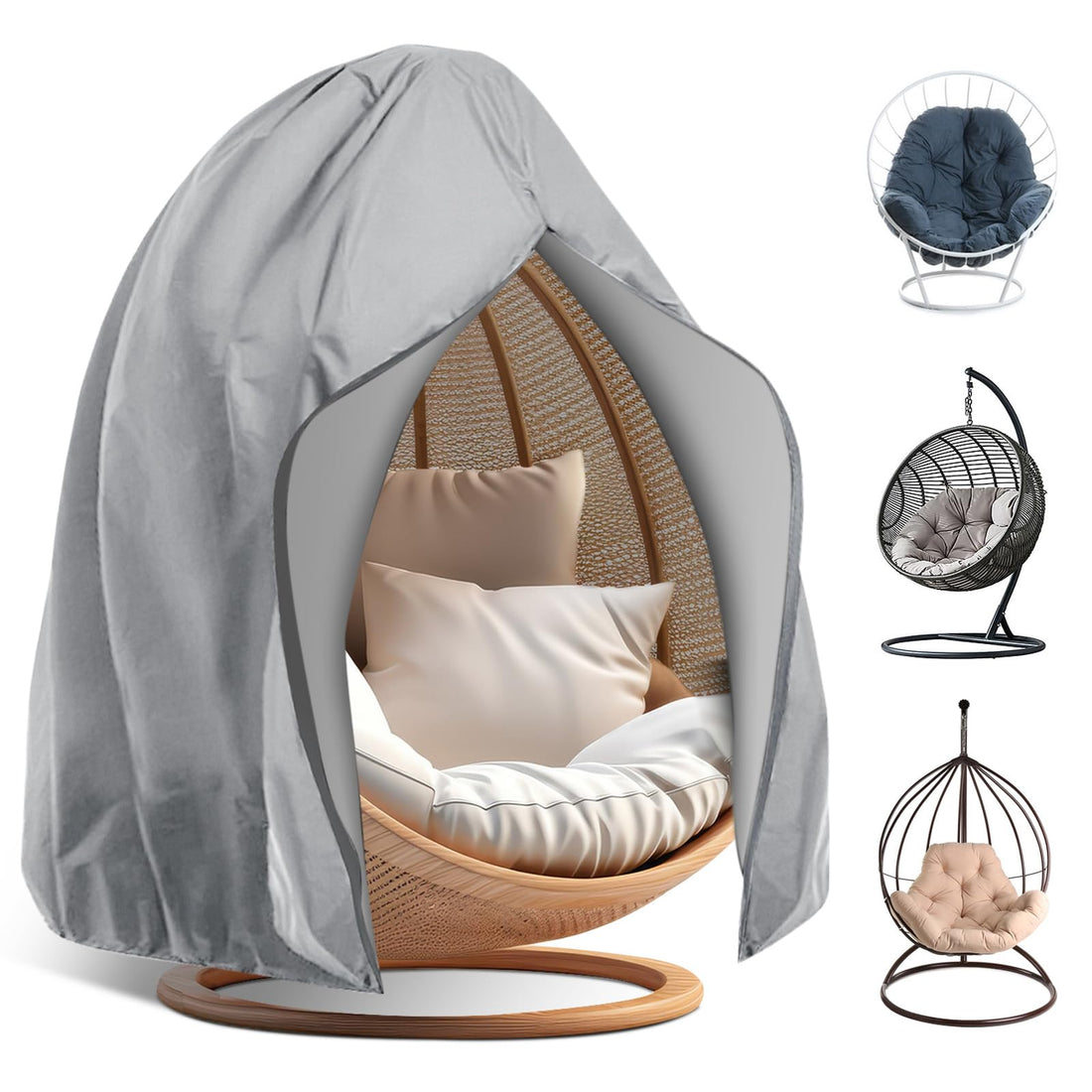 URbazaar Durable Waterproof Patio Egg Chair Covers with Zipper,Large Wicker Egg Swing Chair Covers,210D Oxford Cloth Windproof Heavy Duty Outdoor Hanging Chair Cover (Sliver 190x115cm)