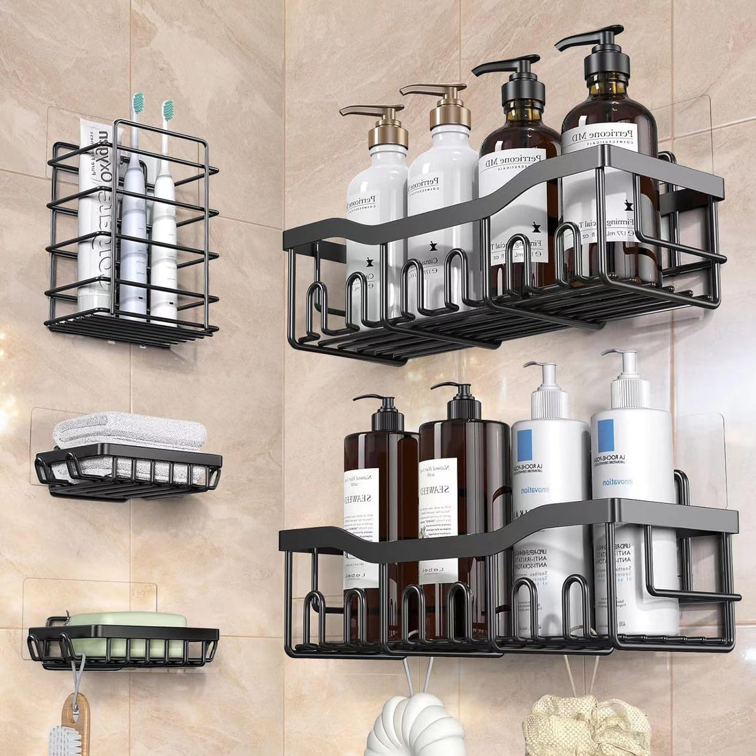 Circle M 5-Pack Adhesive Shower Organizer Shelves: Rustproof Stainless Steel Bathroom Storage Set