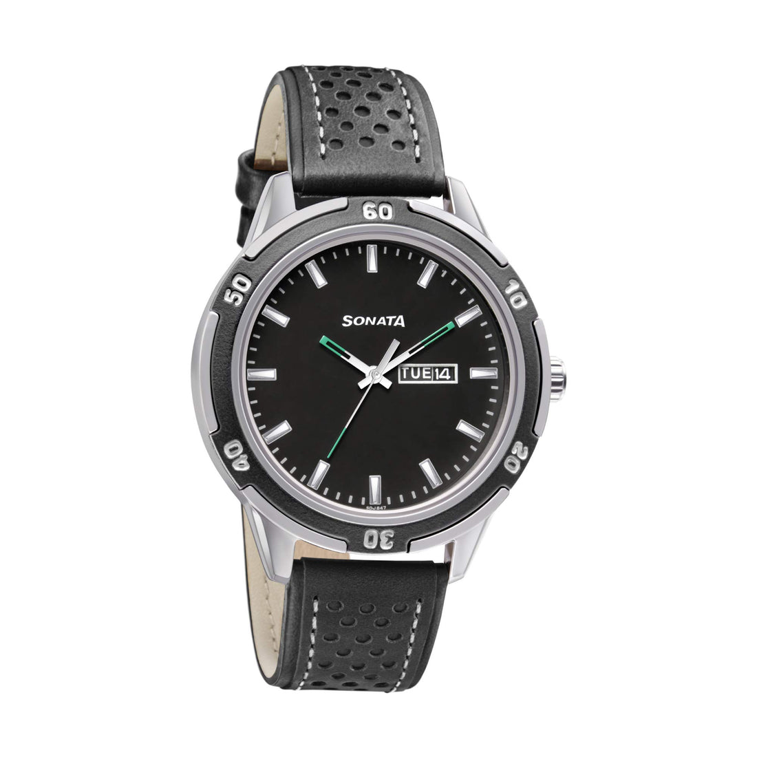 Sonata Watch for Men, Quartz Movement, Analog Display, Black Leather Band Strap-NP7138KL03
