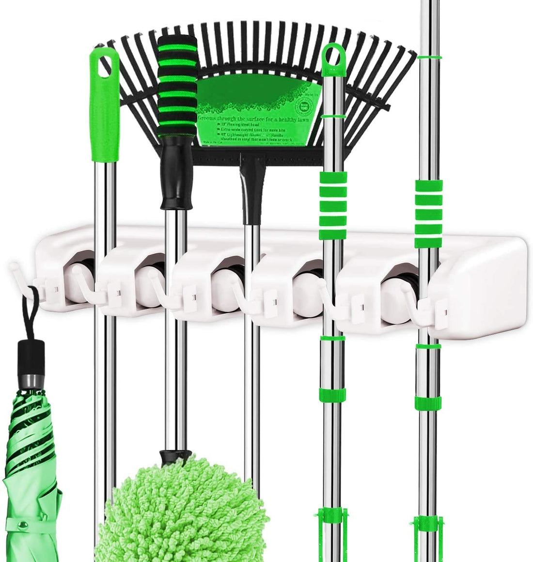 LETMY 2 Pack Broom Holder Wall Mounted - Mop and Broom Holder - Garage Storage Rack&Garden Tool Organizer - 5 Position 6 Hooks for Home, Kitchen, Garden, Tools, Garage Organizing (White)