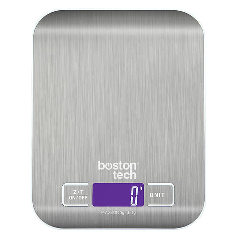 Boston Tech HK105 Digital Kitchen Scale, High Precision Stainless Steel, Waterproof, Capacity 5 kg, LCD Display, Multifunctional with Batteries Included, Tare Function, Downloadable Recipe Book