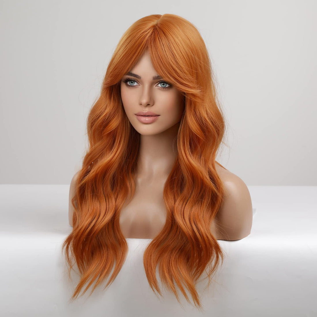 ECIF Long Ginger Orange Wigs For Women Curly Synthetic Wig With Bangs Middle Parting For Party And Cosplay
