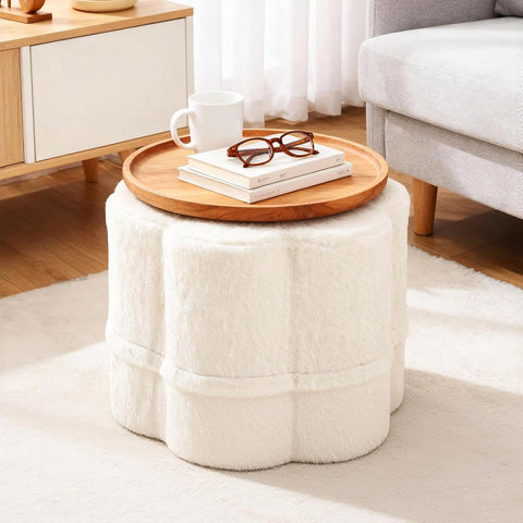 Floral Pouf Ottoman with Foam Chunk Filling, Foot Stool Puff Foot Rest for Couch, Living Room, Kids Room, Cream