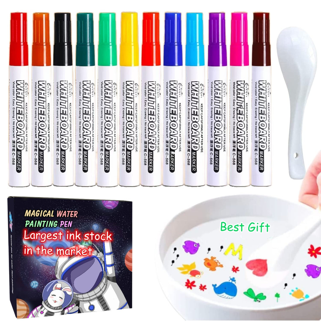 Upgraded- Larger Ink Stock, 12 Colors Magical Water Painting Pen for Kids,Water Painting Drawing Set, Magical Floating Ink Pens, Dry Erase Whiteboard Marker with Ceramic Spoon