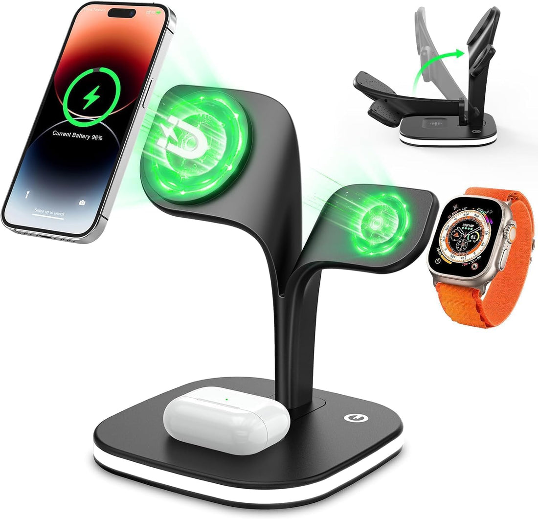 Wireless Charging Station Magnetic compatiable with Apple Devices Foldable Charger 4 in 1 Wireless Charger with USB and Night Light, 15W Fast Charging Stand for Apple Watch and Airpods (QV872)