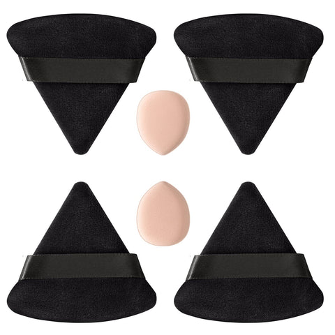 4 Triangle Powder Puff 2 Mini Finger Makeup Sponge Pads, Velvet Setting Make Up Puff Face Eyes Beauty Blender Sponge, Reusable Wet Dry Foundation Sponges for Pressed/Loose Powder Applicator (Black)