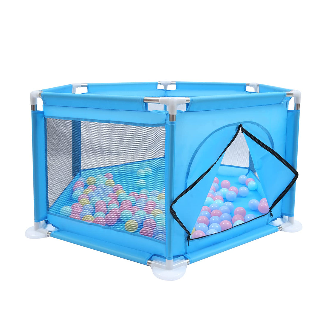 Beauenty Baby Kids Playpen Activity Center Room Fitted Floor - with 50 pcs Balls Safety Protection Care Crawling Folding Fence Toys Portable Indoors Outdoors and Parks Gifts (Blue)