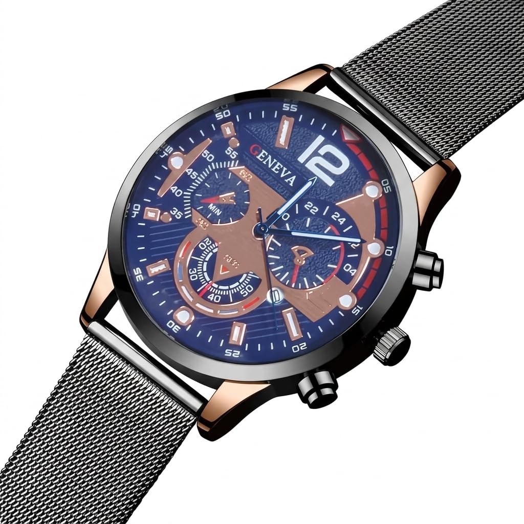 Geneva Fashion Unisex Watch - Mesh Band and Stylish Sport Design - Blue with Gold Accents