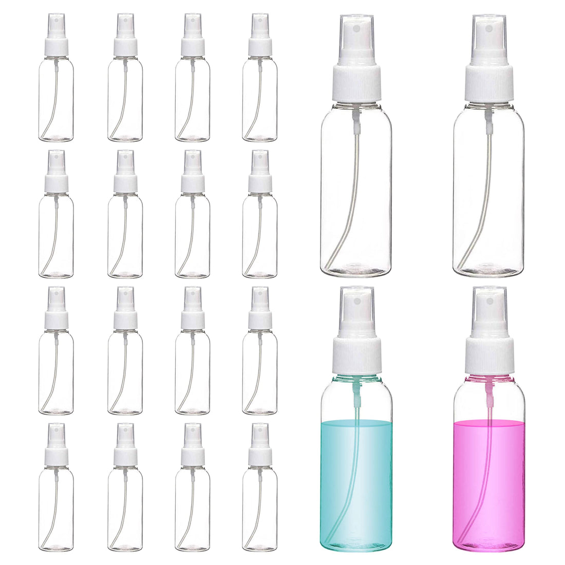 20 Pack 2oz Empty PET Spray Bottles – 60ml Clear Refillable Plastic Sprayer Bottle with Lid | Fine Mist & Leak-Proof Spray Bottle for Shampoo, Essential Oils, Alcohol & Hand Sanitizer – Made in USA