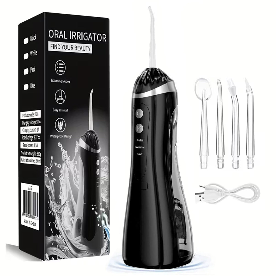 Portable Oral irrigator, Power Flosser, 380ml Water Flosser, Dental Oral Irrigator IPX7 Waterproof 4 Jet Tips USB Rechargeable for Home and Travel (Slim Design – Black)